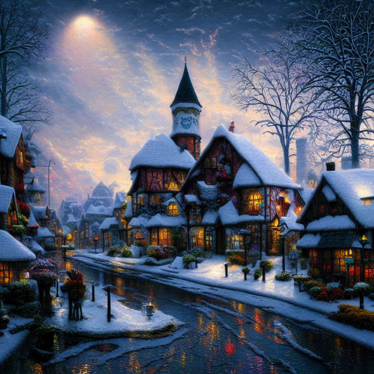 Snow-covered village with street lights and canal at twilight
