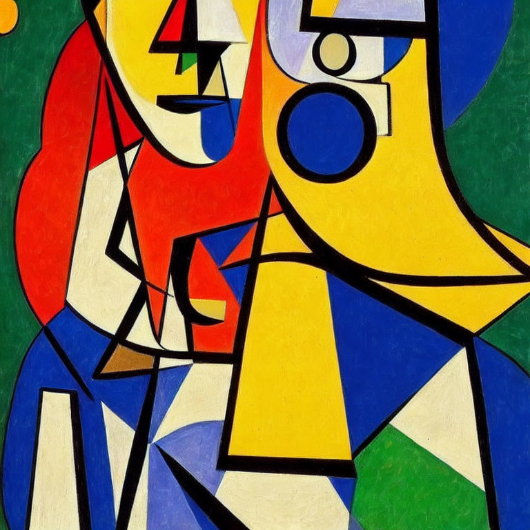 Colorful Abstract Cubist Painting with Interlocking Shapes & Fragmented Figures