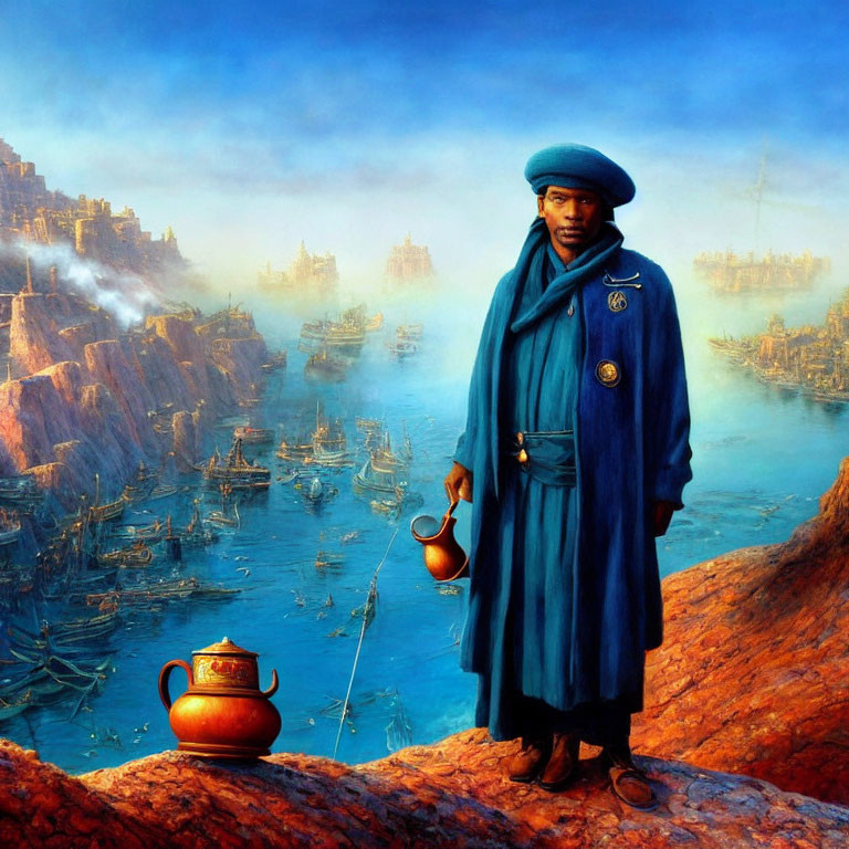 Person in Blue Cloak and Turban Overlooking Ancient Harbor with Ships