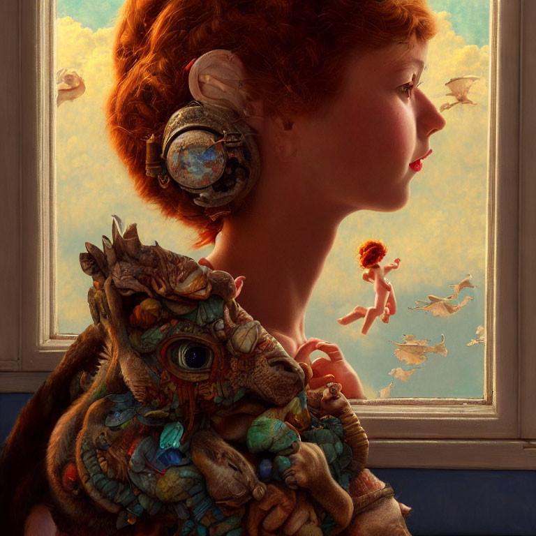 Futuristic woman with headset holding whimsical dragon, observing flying people