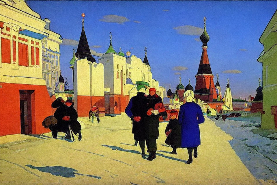Vibrant painting of people on sunlit street with Russian architecture