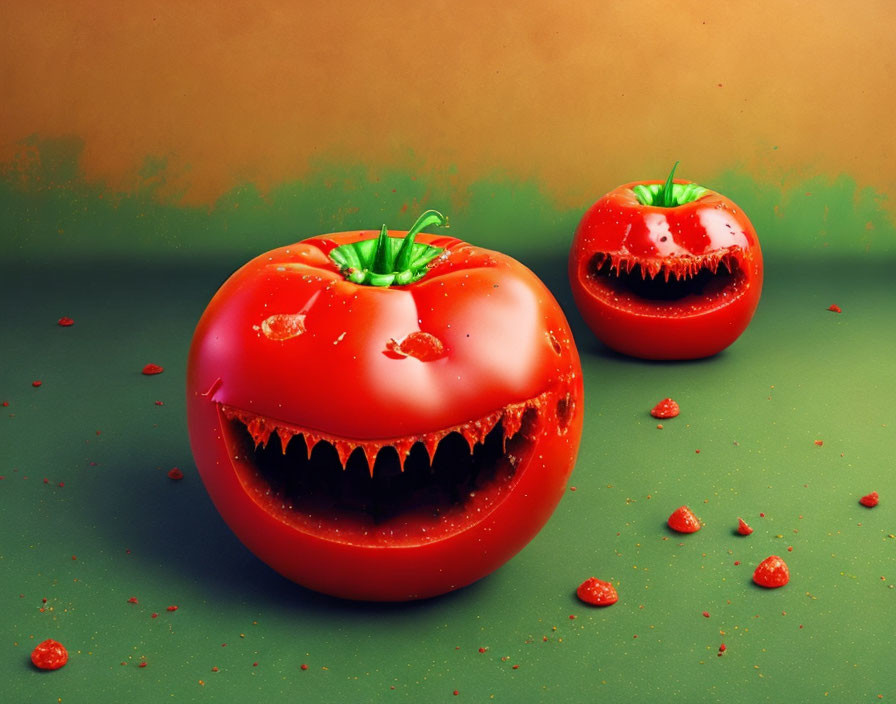 Anthropomorphized tomatoes with sharp teeth on green surface and orange backdrop