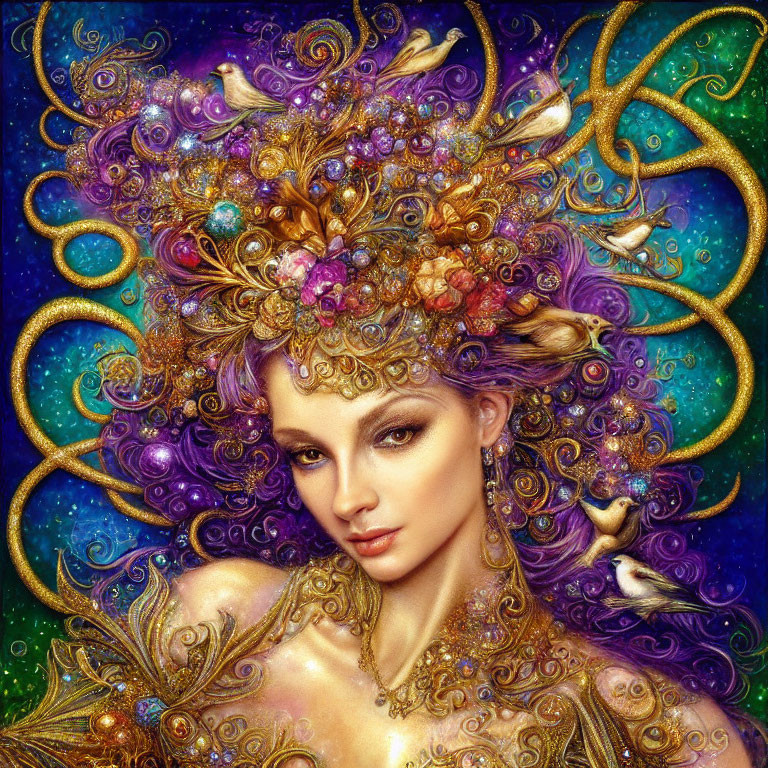 Detailed illustration of woman with jeweled headdress on cosmic background