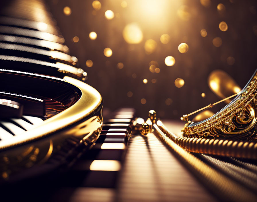 Elegant grand piano with golden details and sparkling bokeh lights