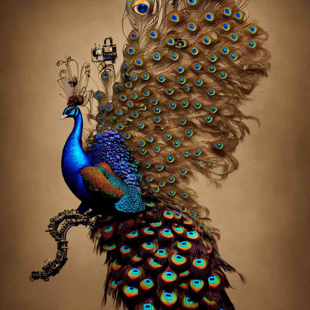 Vibrant Blue Peacock with Iridescent Plumage on Beige Background