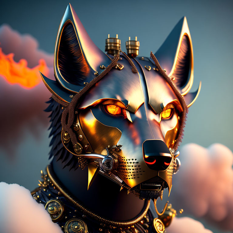 Steampunk-inspired digital artwork of cat with metallic features