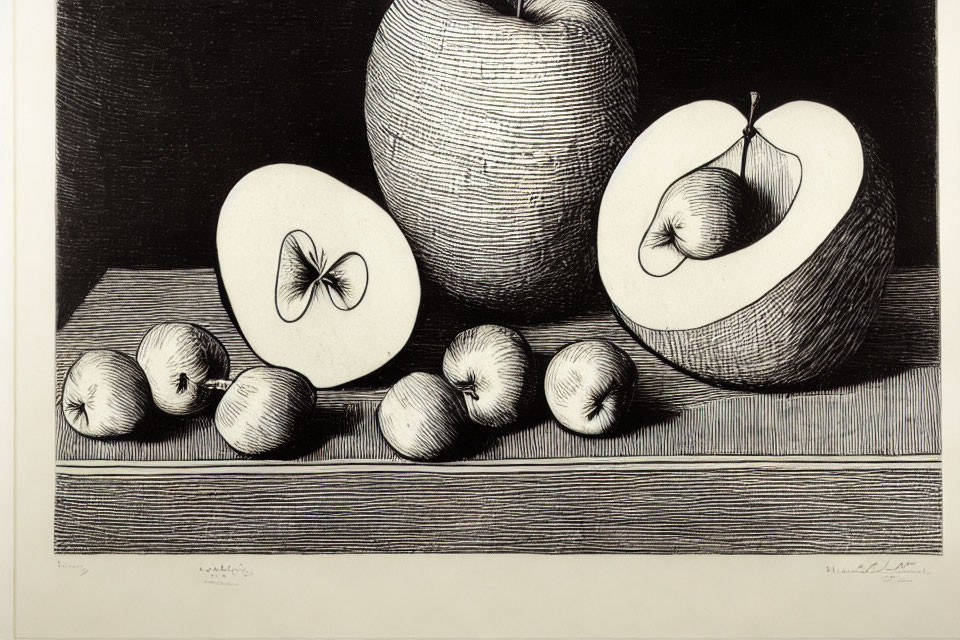Monochrome etching of sliced apples with butterfly on surface