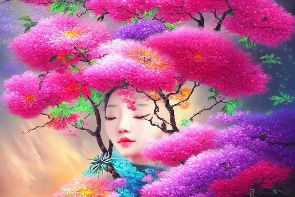 Digital artwork: Woman's face merges with colorful flowering trees
