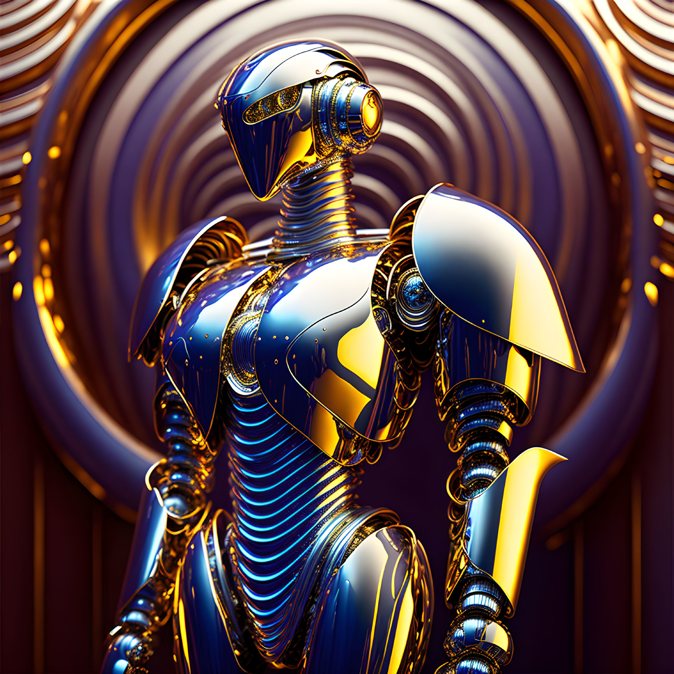 Futuristic blue and gold robot on swirling metallic background