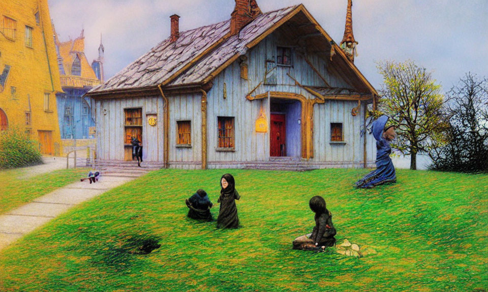 Illustration of Wooden House, Robed Figures, and Cloaked Statue in Surreal Landscape