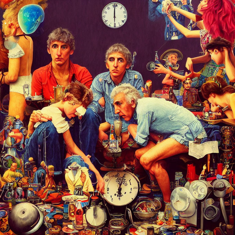 Surreal artwork with multiple figures in various ages surrounded by toys, clocks, and artworks