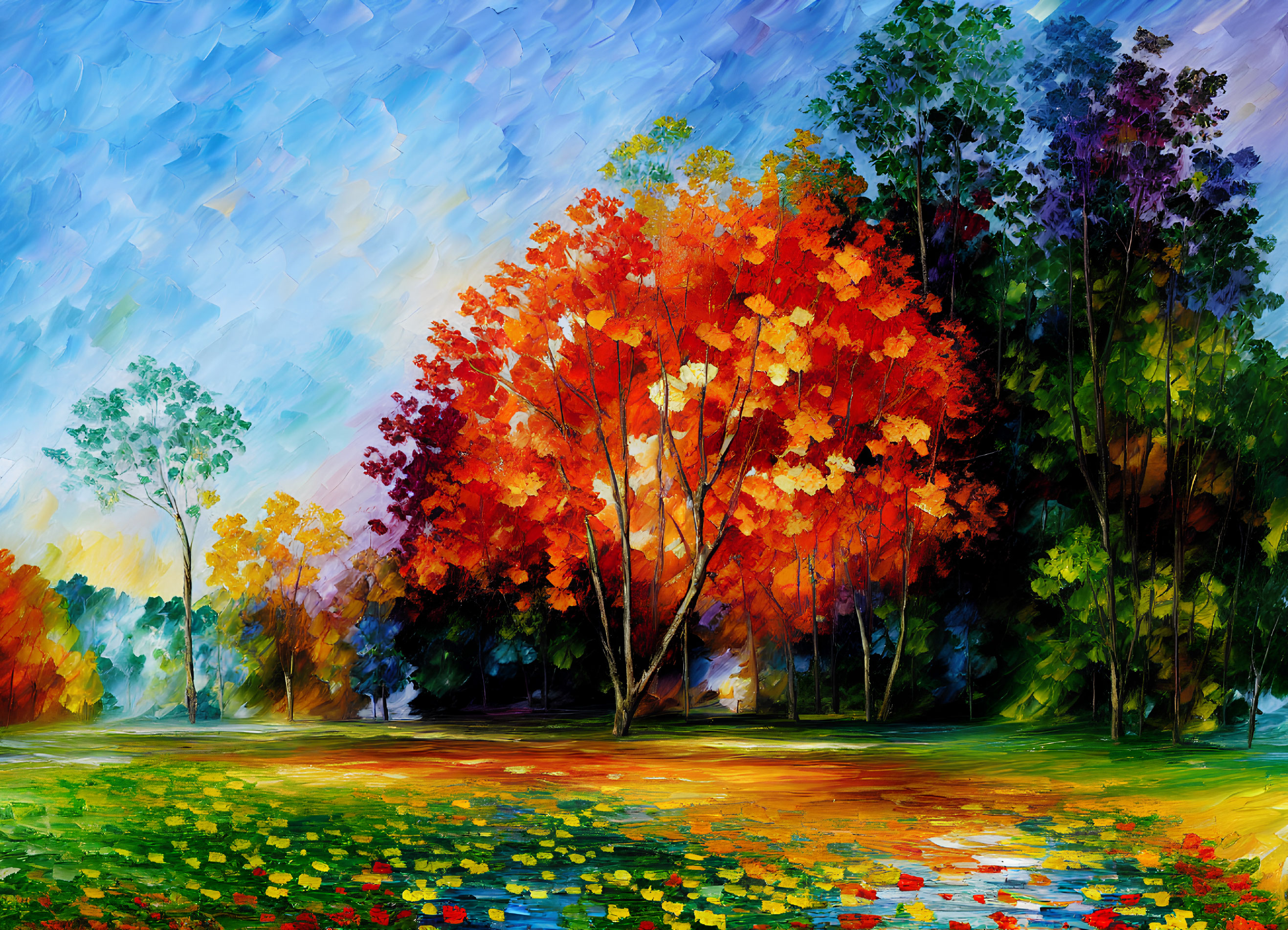 Colorful Autumnal Landscape with Red-Orange Trees and Blue Sky