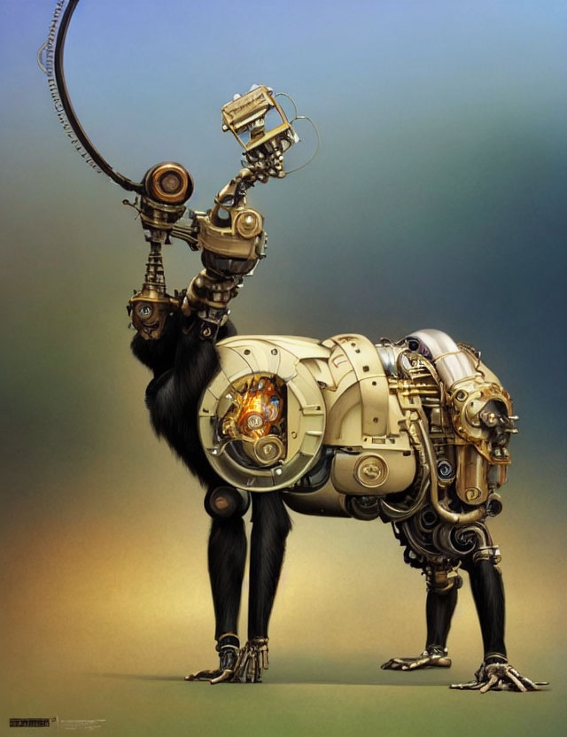 Robotic centaur with gorilla upper body and machine lower body holding futuristic device.