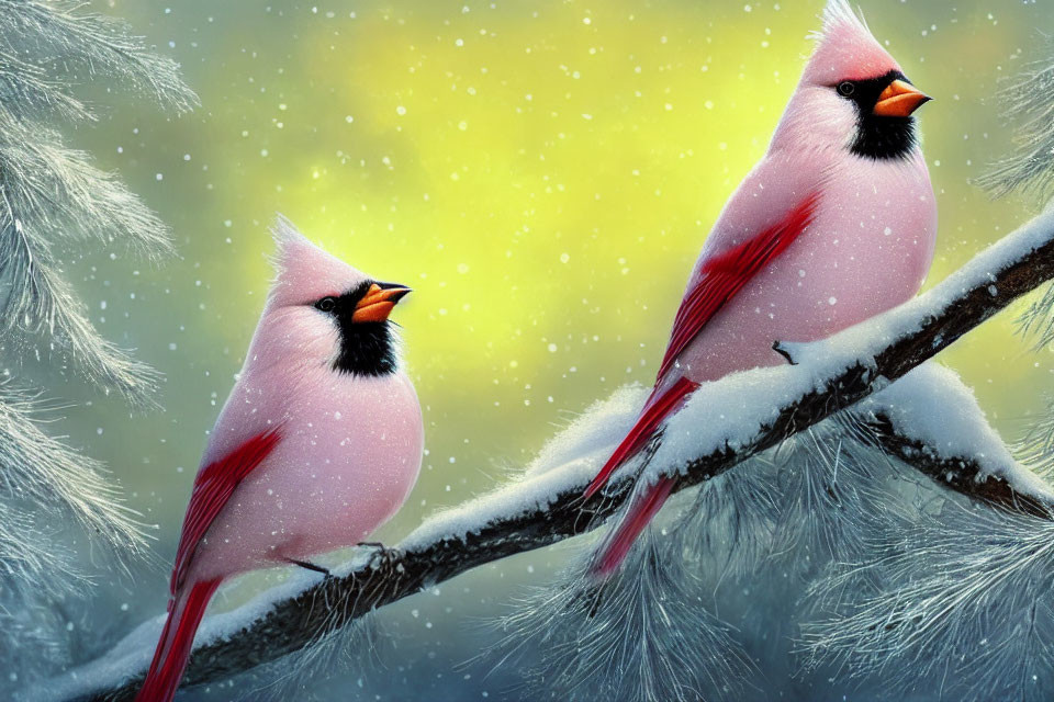Two red cardinals on snowy branch in yellow-lit setting