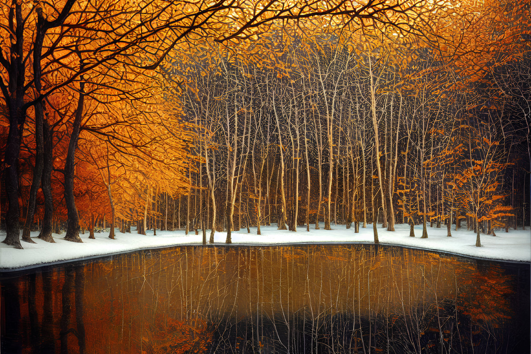 Tranquil winter pond with snow-covered trees and golden leaves reflected