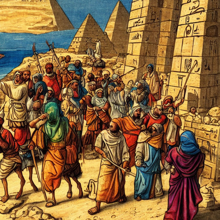 Historical painting of individuals near pyramids in traditional robes