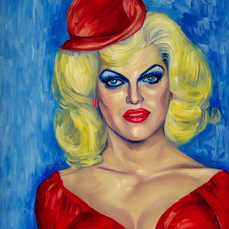 Vibrant drag queen portrait in red hat, dress, blonde hair, and bold makeup
