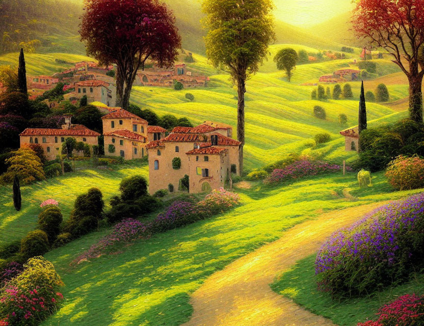 Scenic landscape with rolling hills, green fields, stone houses, and golden sunset
