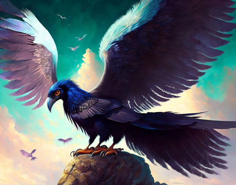 Oversized raven with outspread wings on rock under vibrant sky