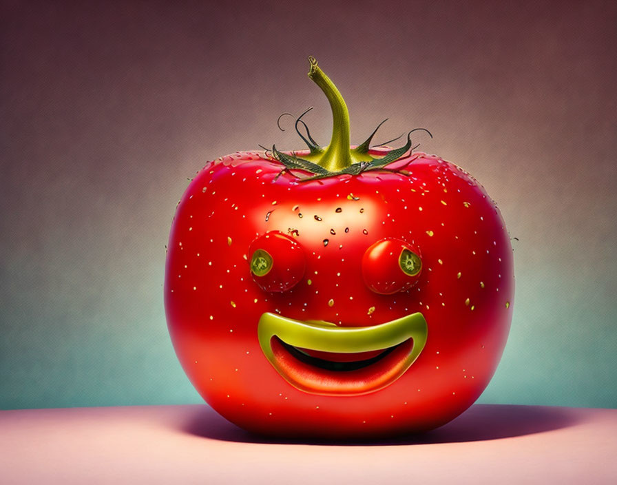 Digitally altered tomato with cartoonish face on gradient background