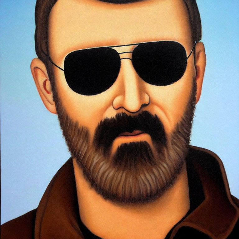 Man with Beard and Aviator Sunglasses Painting on Blue Background