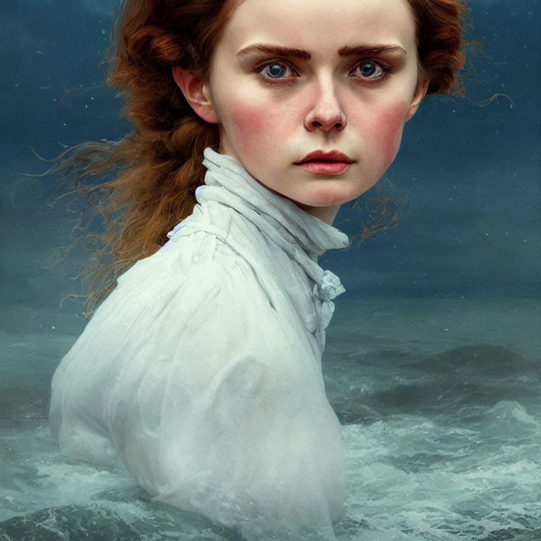 Red-haired woman in white blouse against stormy sea portrait