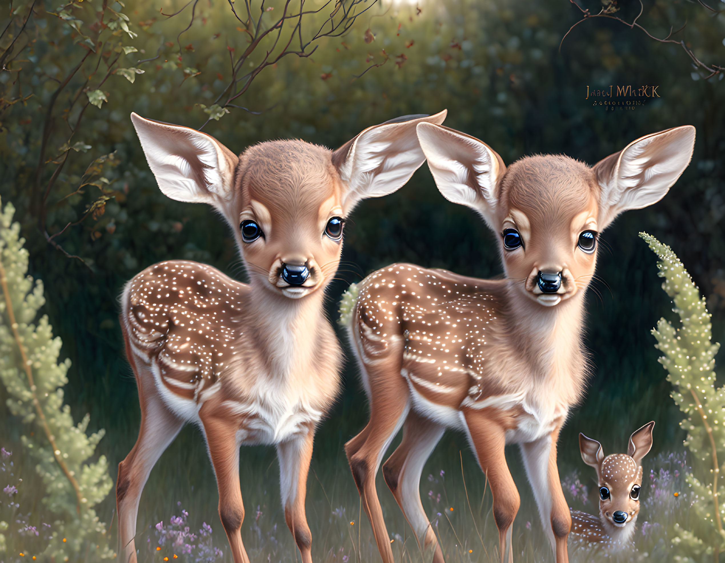 Three cute fawns in lush greenery with big eyes and spotted coats.