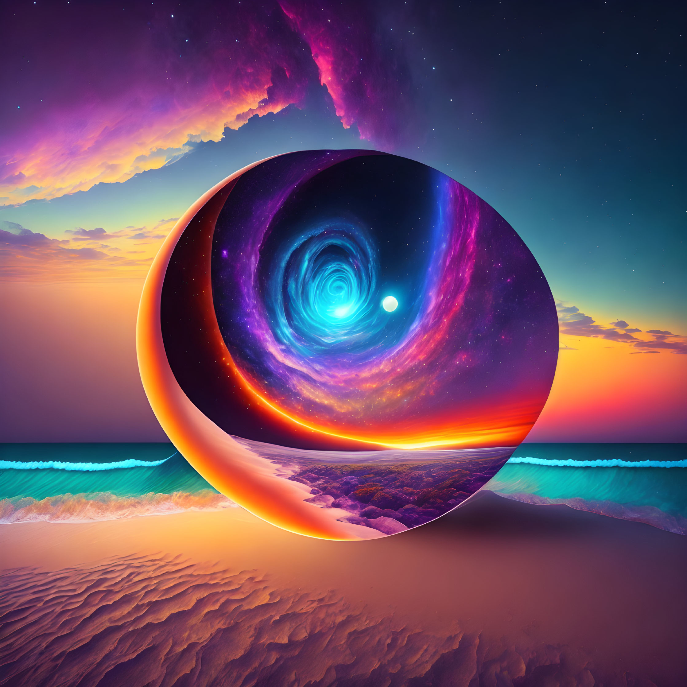 Surreal Beach Landscape with Galaxy Portal at Sunset