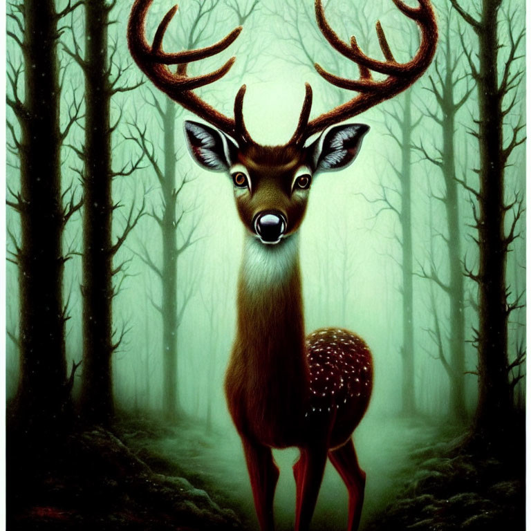 Stylized deer with large antlers in misty forest