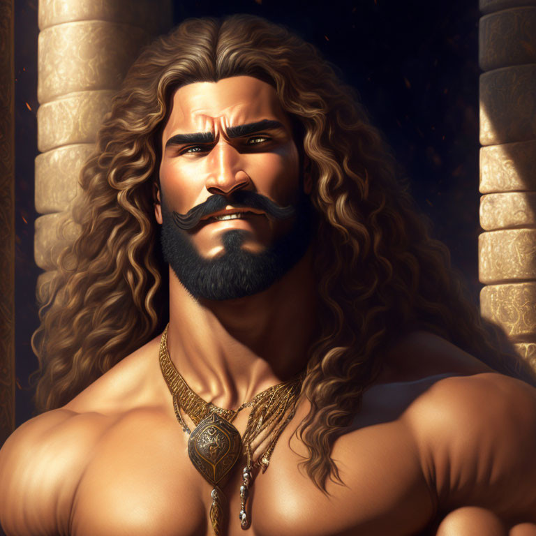 Animated man with mustache, long hair, and necklace against golden columns