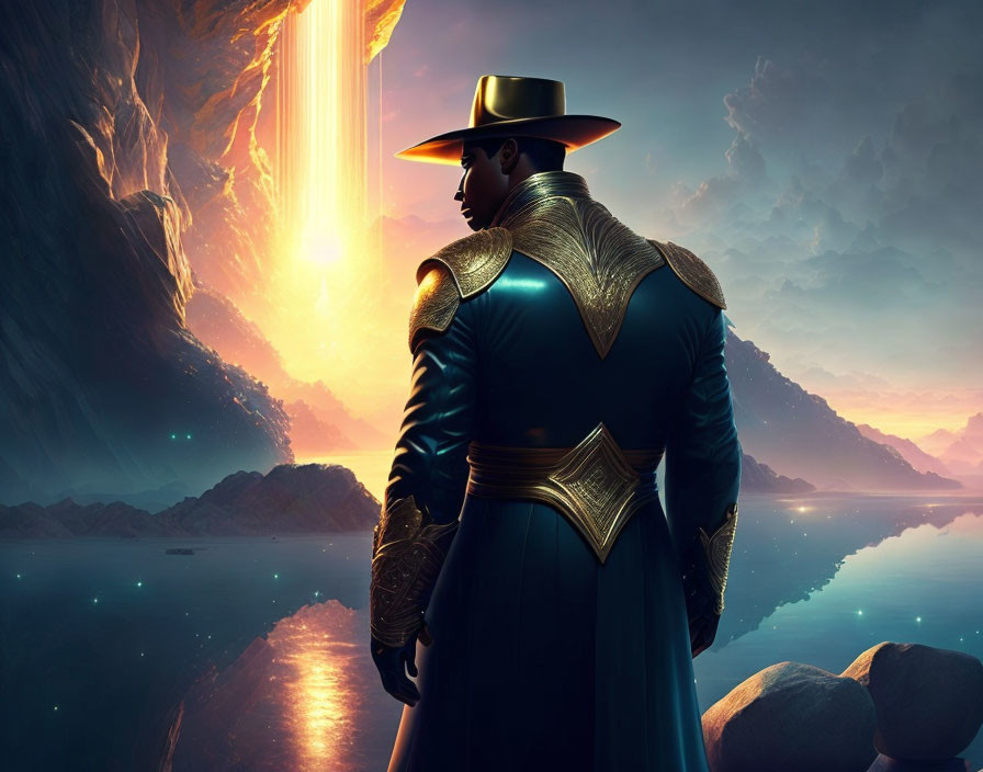 Futuristic character with cape and hat by lake at sunrise