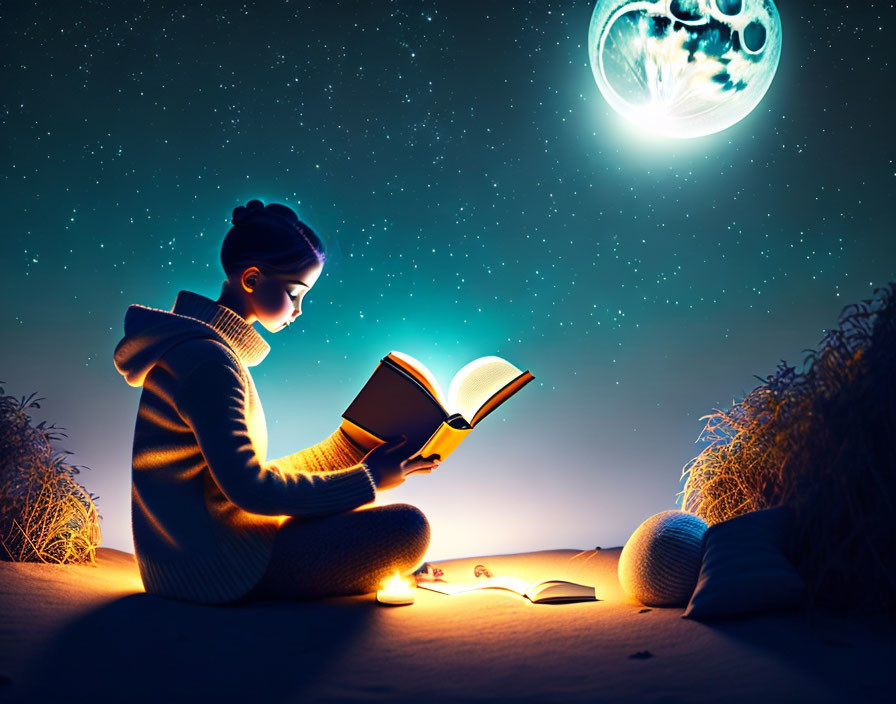 Person reading book under night sky with large glowing moon and grass surroundings.
