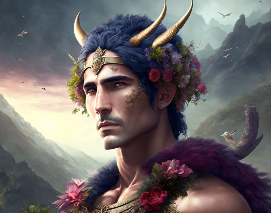 Fantastical male figure with blue hair and horns in misty mountainous setting
