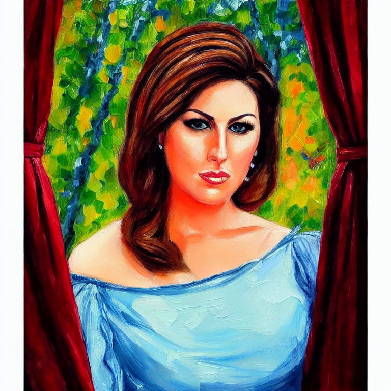 Vibrant painting of woman with brown hair and blue eyes in light blue dress framed by red curtains