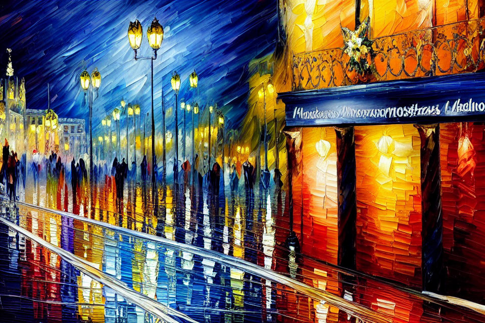 Colorful Impressionist Night Street Scene with Vibrant Reflections