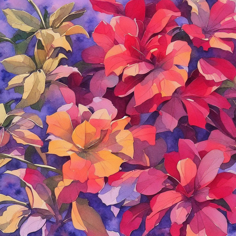 Colorful Watercolor Painting of Red and Orange Flowers on Textured Purple Background