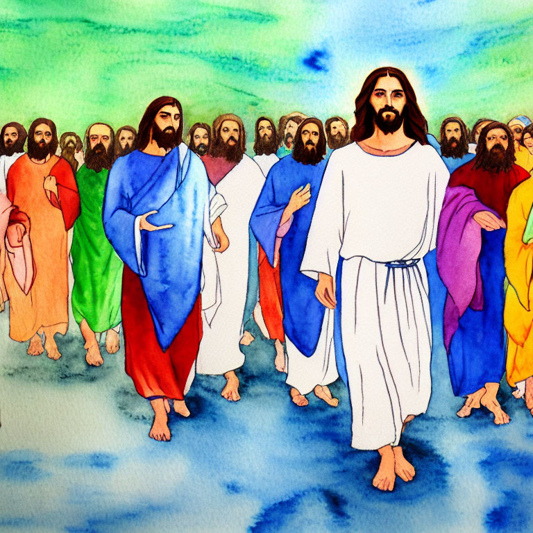 Watercolor painting of figures in white and blue robes surrounded by others