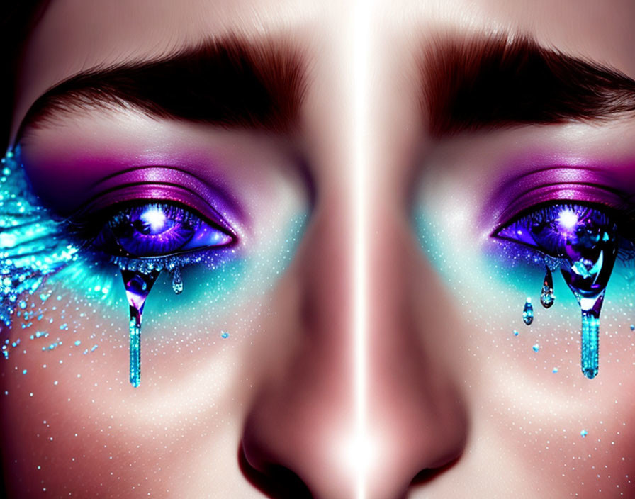 Close-Up Digital Art: Face with Purple Eyeshadow and Jewellike Teardrops