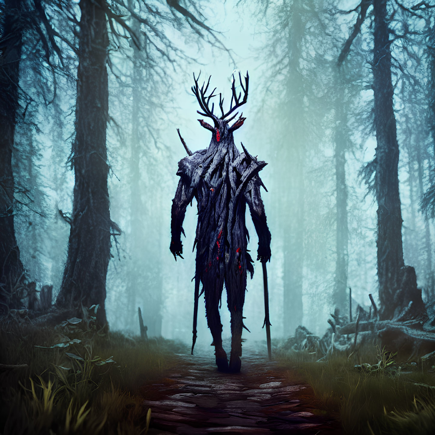 Mystical figure with antlers and twig cloak in foggy forest