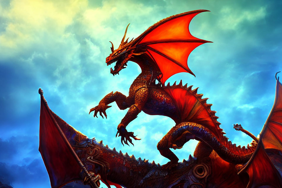 Red-Winged Dragon Roaring in Dramatic Blue Sky