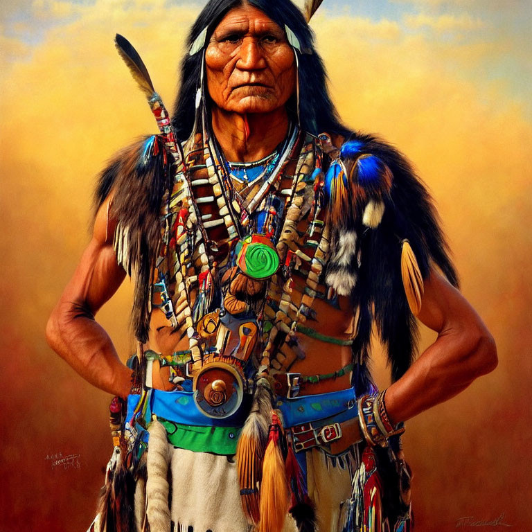 Native American man in traditional attire with feathers and headdress.