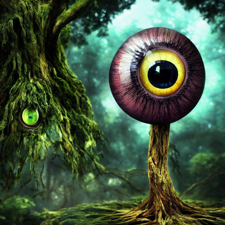 Surreal forest scene with giant eye on tree-like structure