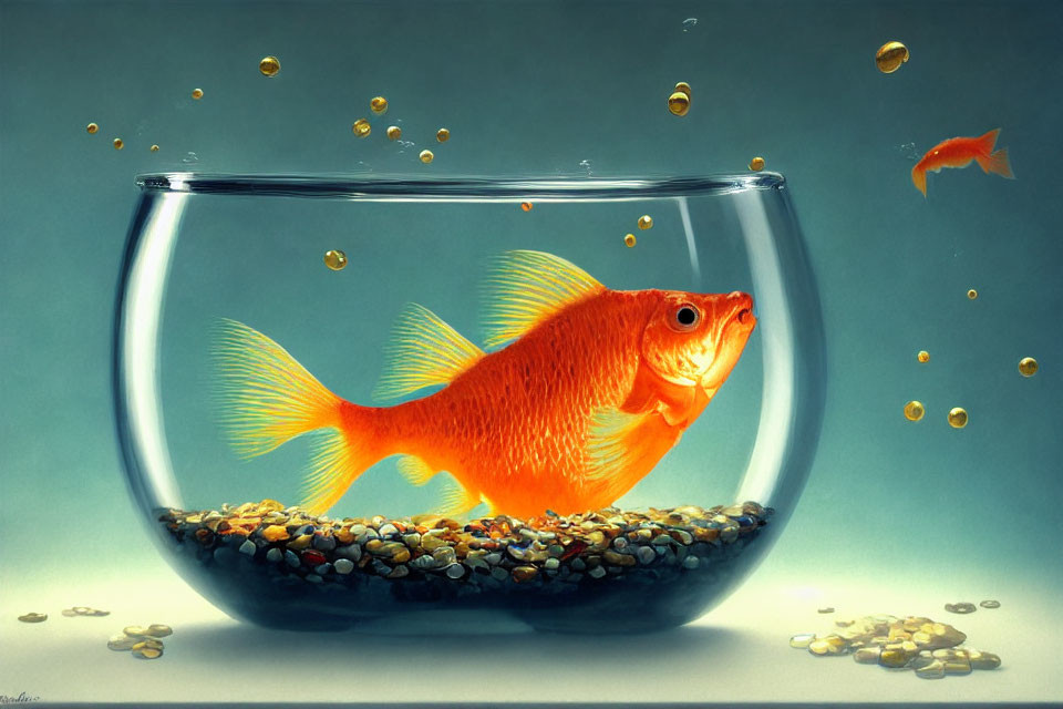 Two goldfish in a bowl with pebbles and water droplets