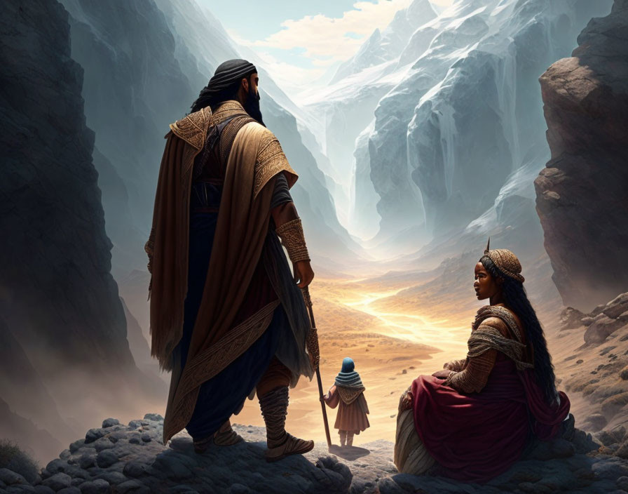 Family in traditional attire at valley entrance with child pointing towards sunlit path between icy cliffs