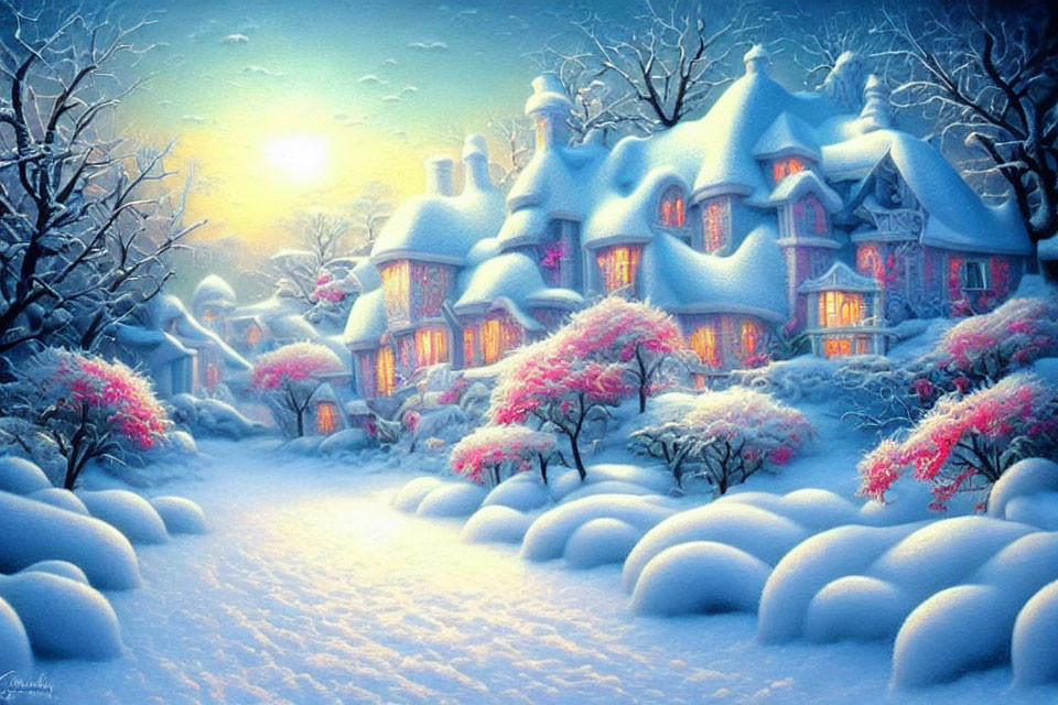Snow-covered cottages and pink trees in soft sunset light