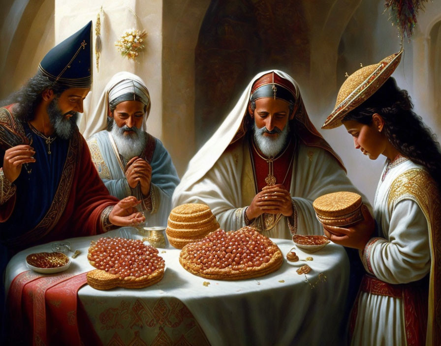 Traditional religious attire individuals around table with bread loaves in sacred moment