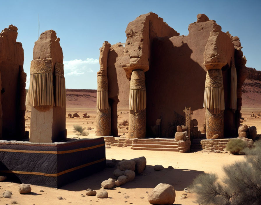 Ancient sandstone temple with Egyptian-style carvings in desert landscape