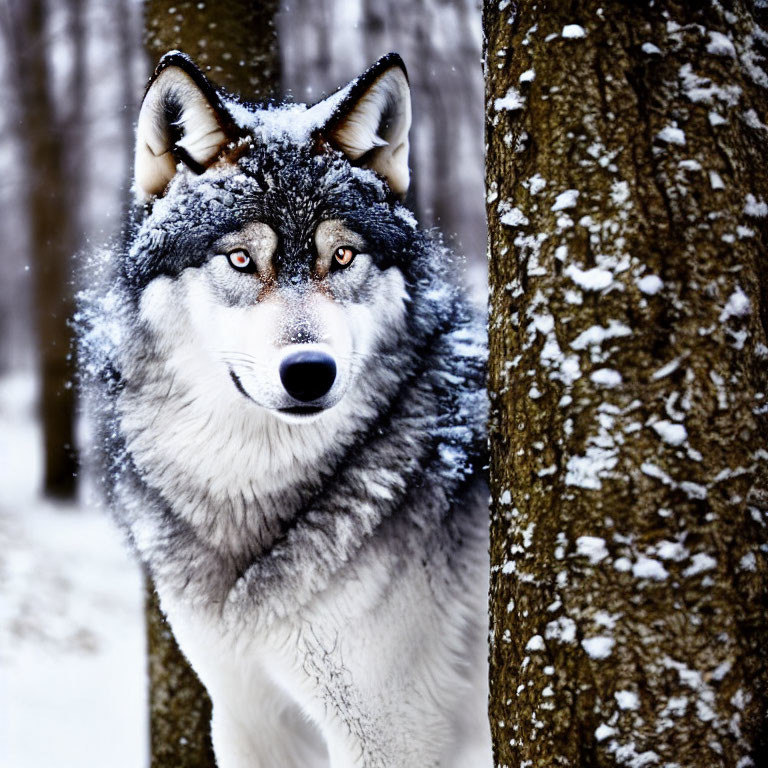 Striking-eyed wolf in snowy winter forest