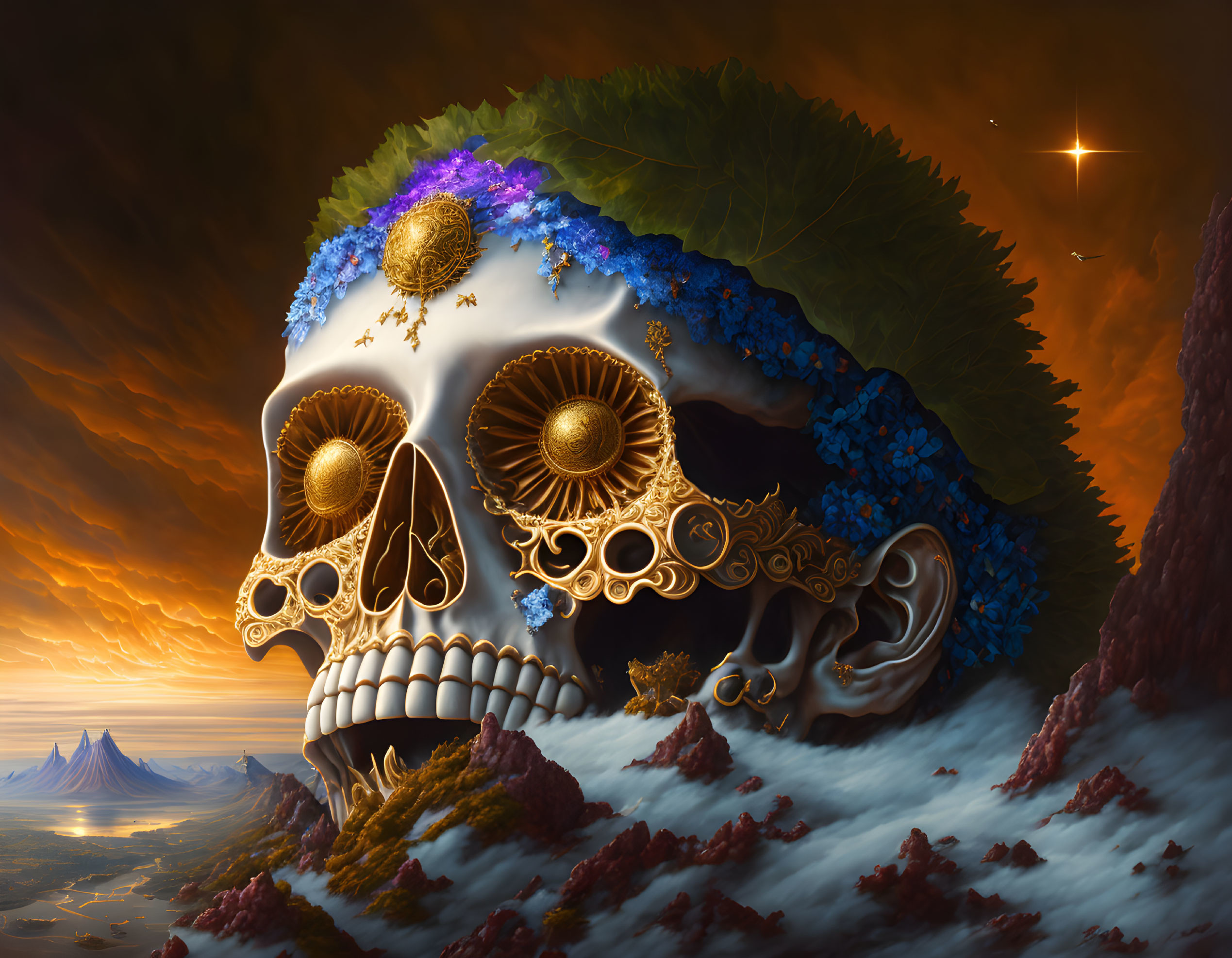 Decorated Skull with Golden Filigree and Floral Adornments in Surreal Landscape