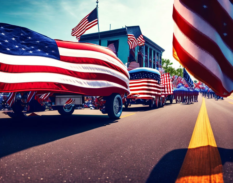Multiple American Flags in Patriotic Parade Display